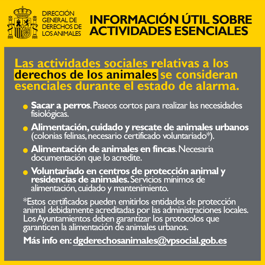 AnimalesGob's tweet photo. España lleva trabajando varias semanas en protocolos y recomendaciones para afrontar esta crisis sin dejar de lado a los animales, coincidiendo con las líneas de trabajo señaladas por el @Act4AnimalsEU.

Recordamos cuáles son las actividades esenciales relativas a los animales. https://t.co/ROLA3e0vo4