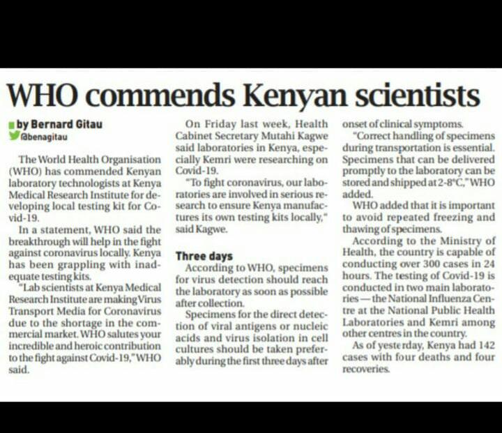 .@KEMRI_Kenya develops local testing kits for #COVID19
#COVID2019AU

Salute KEMRI.

.@KIMANIICHUNGWAH @SABINACHEGE  consider bigger budgets for KEMRI.

A clear centre of excellence that is obviously ready to be the National Scientific Armoury in the fight against Pandemics