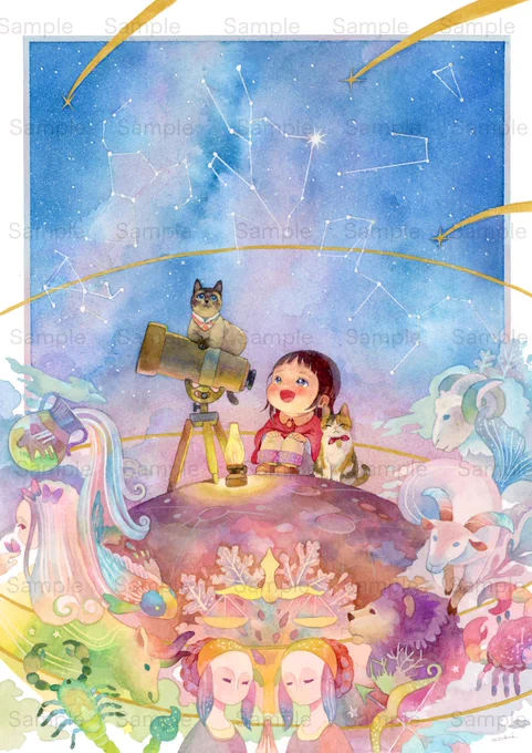 【お仕事紹介】 ご自宅に飾られる絵のご依頼です。 2歳になる女の子を描かせていただきました。 一緒に暮らす猫さんたちと、夜空を見上げて天文観測中。 幻想的な一枚になりました。 #うちのこイラスト