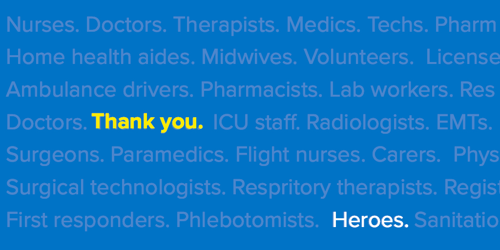 Refugees's tweet photo. To the nurses
To the doctors
To the medics
To the pharmacists
To the EMTs
To the medical assistants
To the caregivers
To the aides
To the ambulance drivers
To the therapists
To the flight nurses
To the techs

To the entire medical community beating back coronavirus

Thank you. 🙏 https://t.co/23AdybubiU