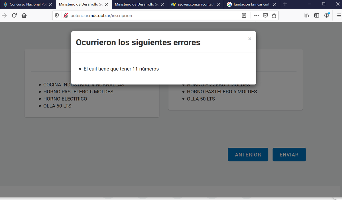asmontilla's tweet photo. @MDSNacion @LicDanielArroyo @CasaRosada @alferdez Buen dia en la fase final para enviar la solicitud genera este error y nunca piden CUIL solo DNI del concursante y CUIT de la fundacion, me ayudan? https://t.co/wBrAbPxweN