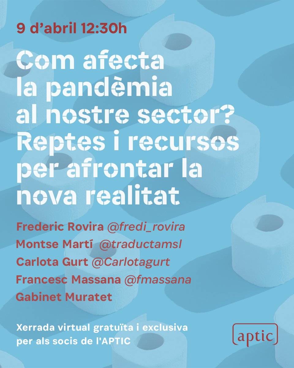 apticassociacio's tweet photo. Com afecta la pandèmia al nostre sector? En parlarem amb els socis @fredi_rovira, @traductamsl, @CarlotaGurt i @fmassana, que compartiran amb nosaltres algunes de les situacions amb què s'han trobat i com estan afrontant la situació actual. Inscripcions: https://t.co/xFVlctfNKR https://t.co/vlMFR9vMM4