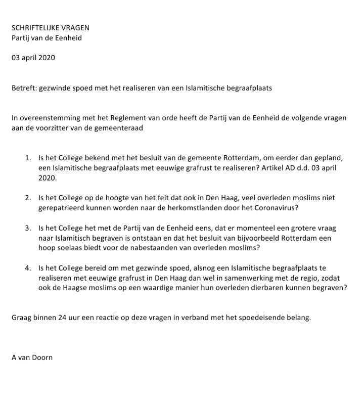 ArnoudvDoorn's tweet photo. Zeer vreemd dat @GemeenteDenHaag @bredemeijer alleen met #SPIOR en #FIO spreekt over de islamitische begraafplaats. Initiatief om buiten Den Haag te kijken komt bij #PvdE vandaan. De #PvdE vertegenwoordigd 4500 kiezers en is als initiatiefnemer de gesprekspartner bij uitstek. https://t.co/woXPzsw1sp