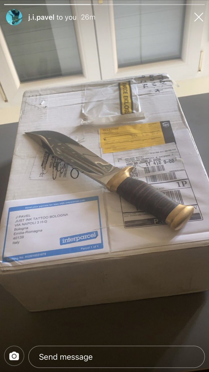 MatteG0LD's tweet photo. Parcel just arrived to client in Italy. After a months travel. I think he stabbed the mailman https://t.co/V3c1tM8PUH
