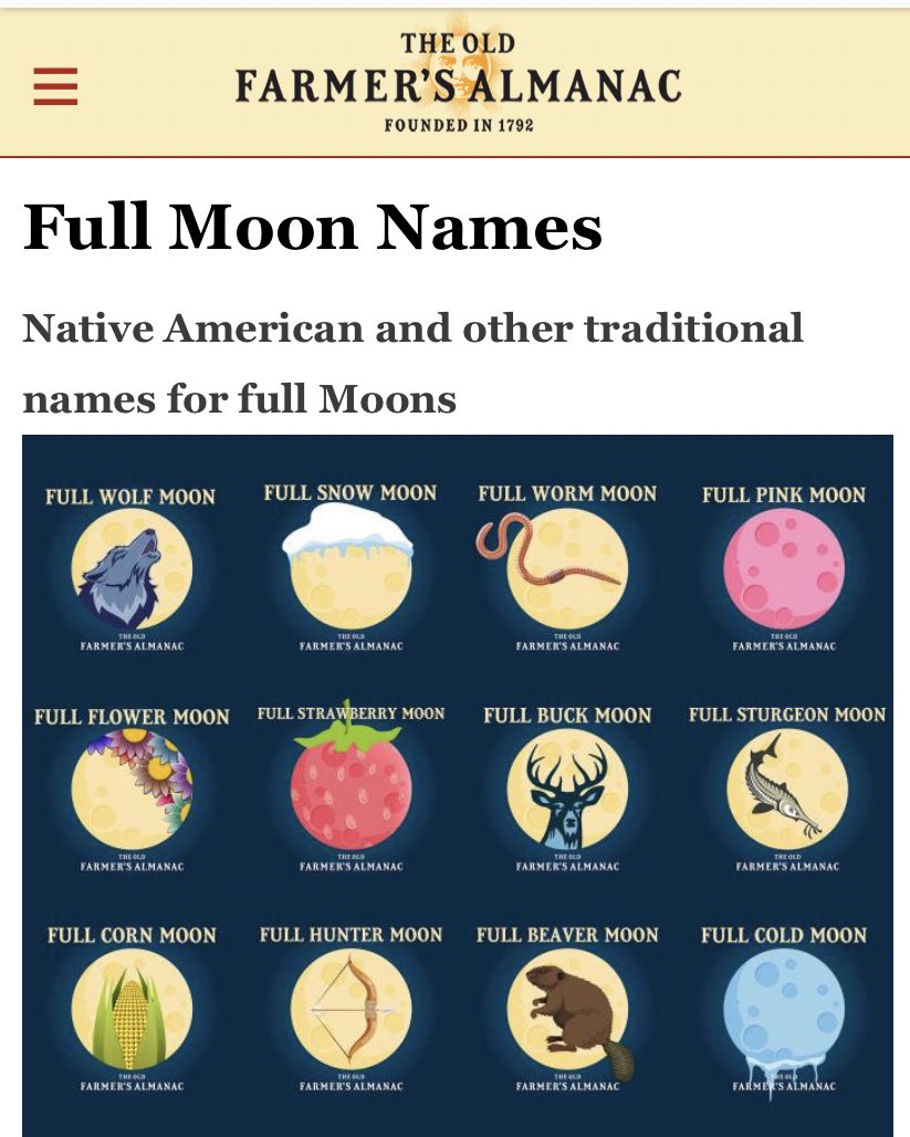 “Pink moon” is just a name for any Full Moon in April - tonight’s  #supermoon won’t actually look pink (sorry)All the colloquial names for the full moons (e.g. wolf moon, pink moon) derive from Native American tradition https://www.almanac.com/content/full-moon-names