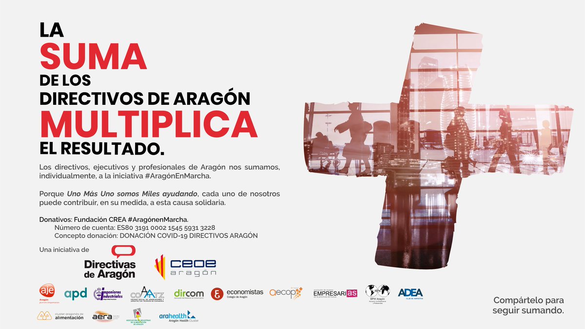 Uno más uno somos miles ayudando. Comparte y Dona  #DirectivosPorAragón <a href="/Arahealth/">Cluster Salud Aragón</a> #IndustAlimentación <a href="/alimentacluster/">Cluster de Alimentación y Nutrición de Aragón</a> <a href="/ClusterAERA/">AERA Clúster Aeronáutico, Aeroespacial y Defensa</a> <a href="/directivosAdea/">ADEA</a> <a href="/Amephu/">Amephu</a> @AecopAragon <a href="/EconomistasOrg/">Economistas</a> <a href="/DircomARA/">Dircom Aragón</a> <a href="/Coaatz/">Coaatz</a> <a href="/COIIAR/">Ingenieros Industriales-Aragón y La Rioja</a> <a href="/APDasociacion/">APD</a> <a href="/ajearagon/">Aje Aragón</a> <a href="/ajezaragoza/">AJE Zaragoza</a> #AragonEnMarcha <a href="/CEOEAragon/">CEOEAragon</a>