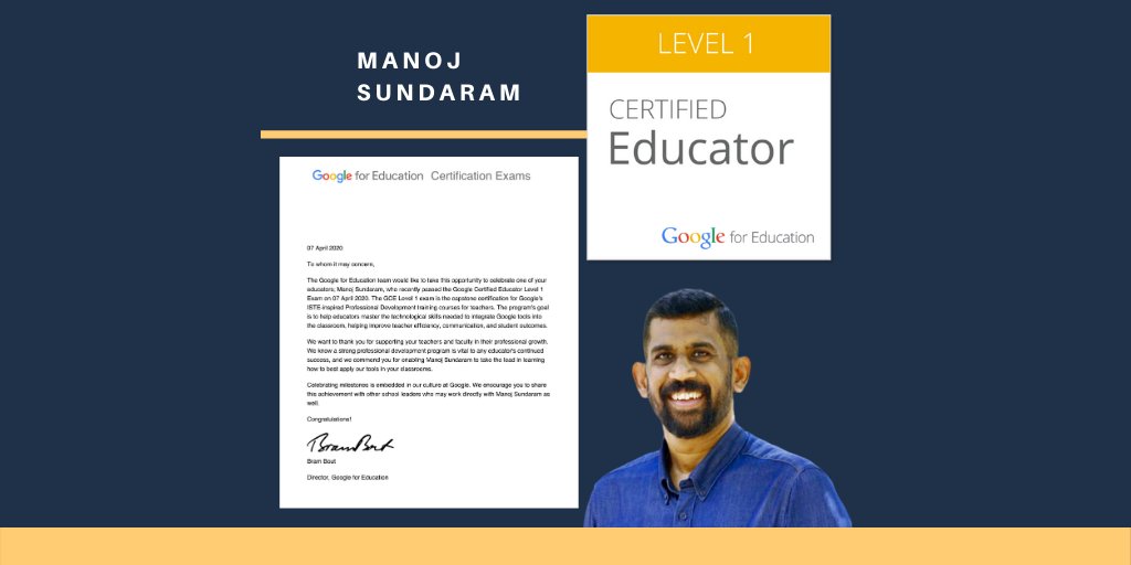 C3Manoj's tweet photo. Thrilled to announce am a Level 1 Google Certified Educator. Count on me for all your Training on Digital Skills for 21st Century Classrooms.#GoogleEDU #certified #educator #Entrepreneurs #tneducation #samacheer #CBSE #DigitalMarketing #DigitalIndia #educhat #WednesdayMotivation https://t.co/YSKi6H8FN1