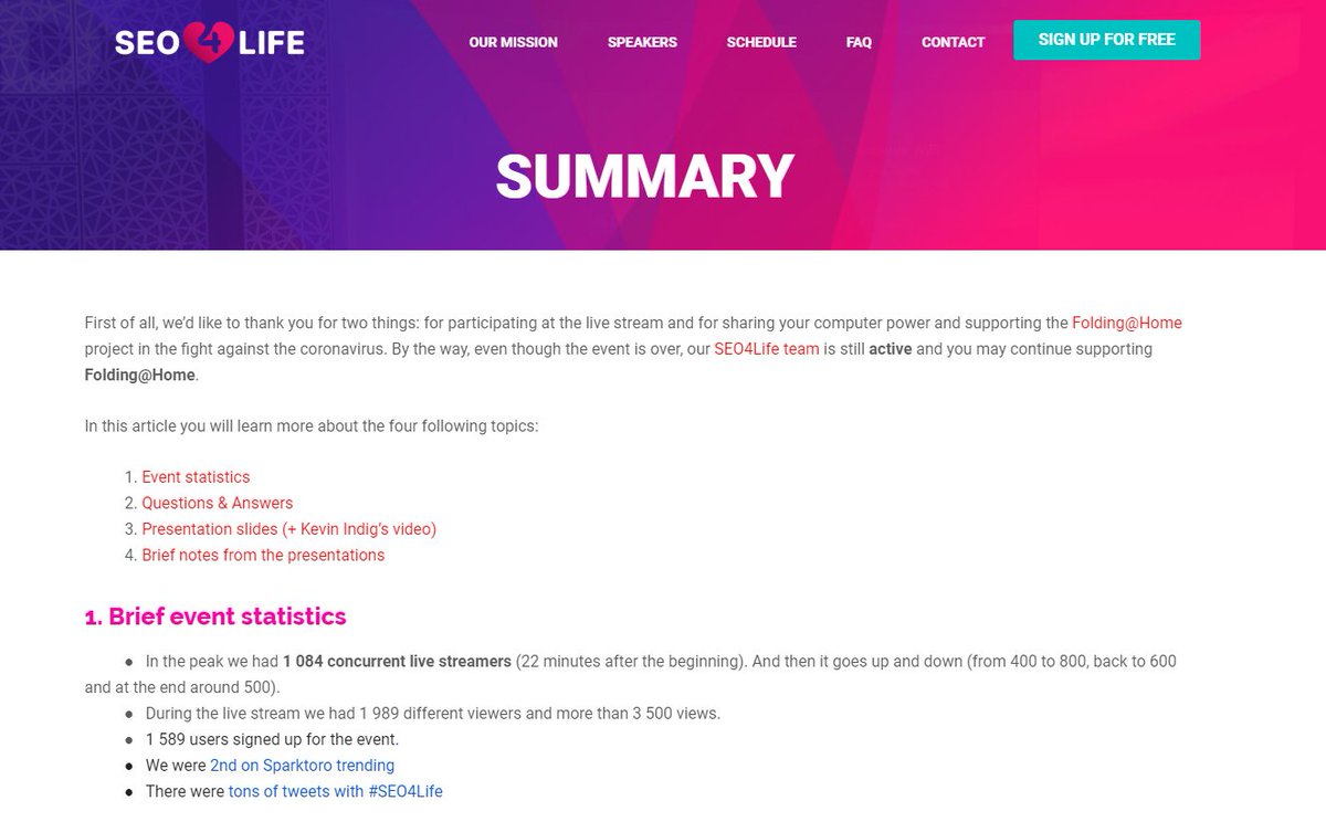 Here is a summary of the #SEO4Life event where you can find:

1. Event statistics
2. Questions &amp; Answers
3. Presentation slides (+ 
<a href="/Kevin_Indig/">Kevin_Indig</a> 
 videopresentation)
4. Brief notes from presentations -> thanks to 
@ParOsterlund  

Enjoy: seo4life.stream/summary/🙂