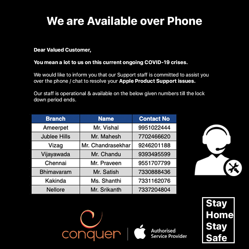 conqtech's tweet photo. Dear Customer,
Due to the COVID-19 outbreak, our Support staff shall be available over the phone to resolve your Apple Product Support issues on the mentioned numbers at your Locations
#Apple #Appleservice #iPhone #iPad #Mac #Applesupport #Support #COVID19 #India https://t.co/7fz6O2UgAb