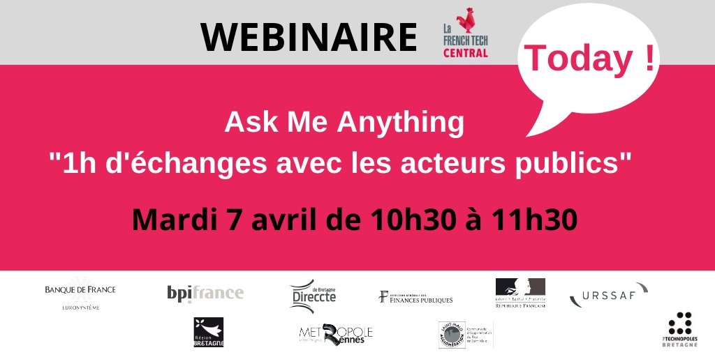 🤩 Le #Webinaire avec les #servicespublics c'est aujourd'hui !!! 🗣️RDV à 10h30 pour 1h d'échanges avec  @Urssaf_Bretagne <a href="/Bpifrance/">Bpifrance</a> <a href="/banquedefrance/">Banque de France</a> <a href="/regionbretagne/">Région Bretagne</a> <a href="/metropolerennes/">Rennes Ville et Métropole</a> #Direccte et #DRFIP Vous pouvez encore vous inscrire ici ➡️ zoom.us/webinar/regist…