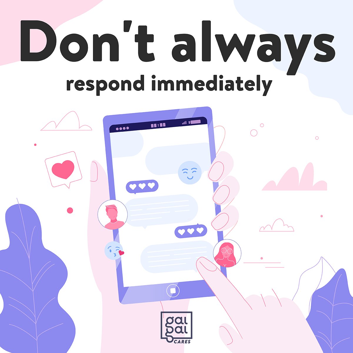 letsgaigai's tweet photo. GaiGai Cares Tip 4: Leave him/her intrigued. Leave some text for next time.
To keep the interest alive, message daily for a bit and then stop. This will make him/her eagerly wait for your text messages.

#letsgaigai #gaigaicares #stayhome #stayhealthy #datingtips #datingadvice https://t.co/Rvqrlb3kKy