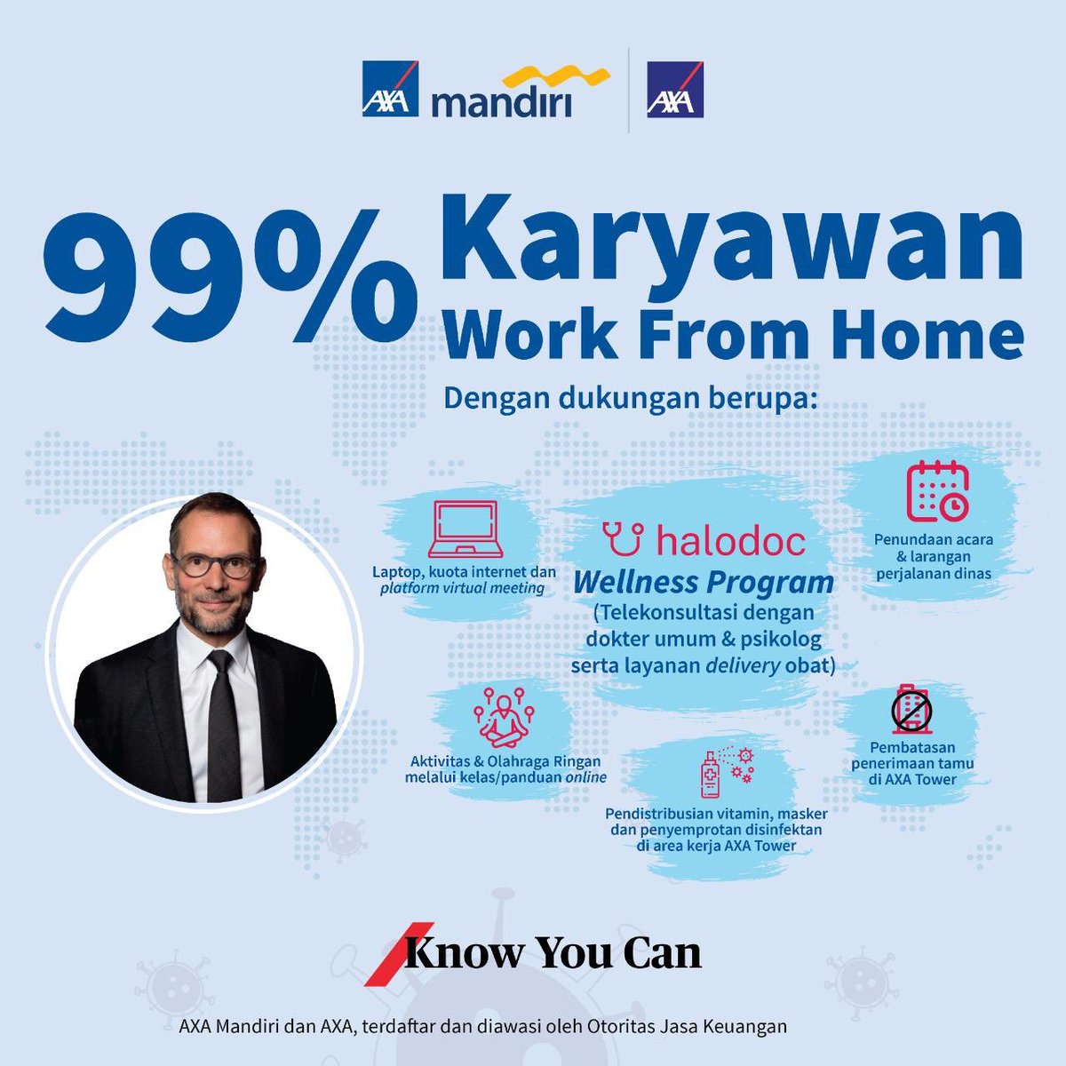 JulienSteimer's tweet photo. 99% of @AXAIndonesia &amp; @AXA_Mandiri employees are working from home #WFH. We are helping them to implement tips to fight against #Covid_19 at 🏡. Happy to launch for them telemedicine and well-being services w. medical delivery #StayHealthy #StayAtHome #DiRumahAja #YakinKitaBisa https://t.co/yI8ulIfaBs