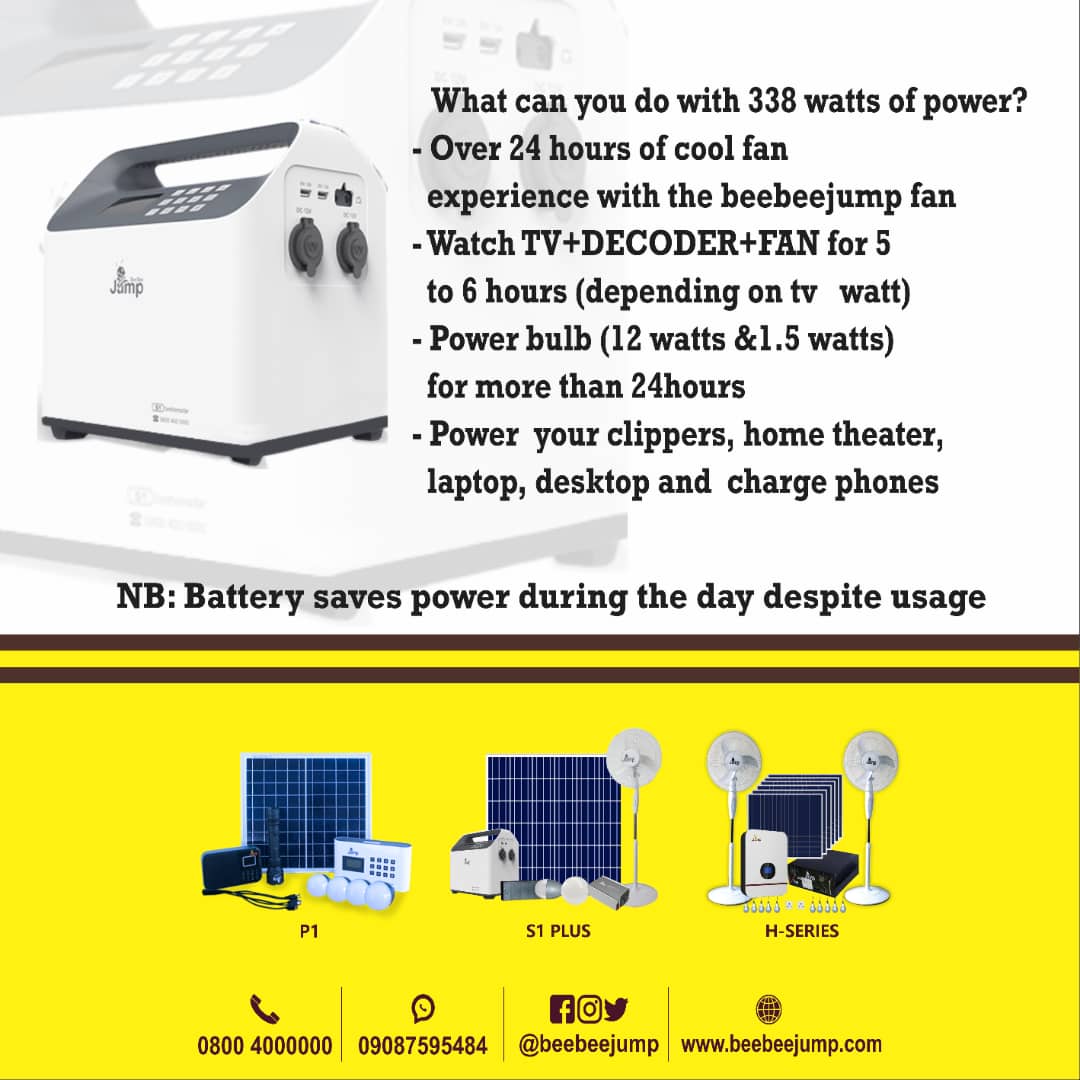 beebeejump's tweet image. Good morning my neighbour, how are you doing?
What can 338watts power do for you? Can power:
- TV
- Home theatre
- Decoder
- Laptop &amp;amp; Desktop
- Charge Phones
- Clippers etc 
Chat with us on 09087595484 or send us a DM to know more
#CardiB 
#Evss
#PastorChris 
 #cameltoechallenge