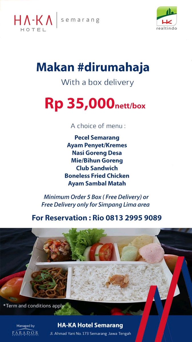 hakasemarang's tweet photo. Makan #dirumahaja why not ??
Kami siap mengirimkan ke depan rumah anda..
*syarat dan ketentuan berlaku

HA-KA Hotel Semarang

For more information :
📞 (+62 24)3300 9999
📧 https://t.co/6v8uBhuuzZ 
📍 Jl. Ahmad Yani No. 173 Semarang Jawa Tengah https://t.co/cyrzjp8QPY