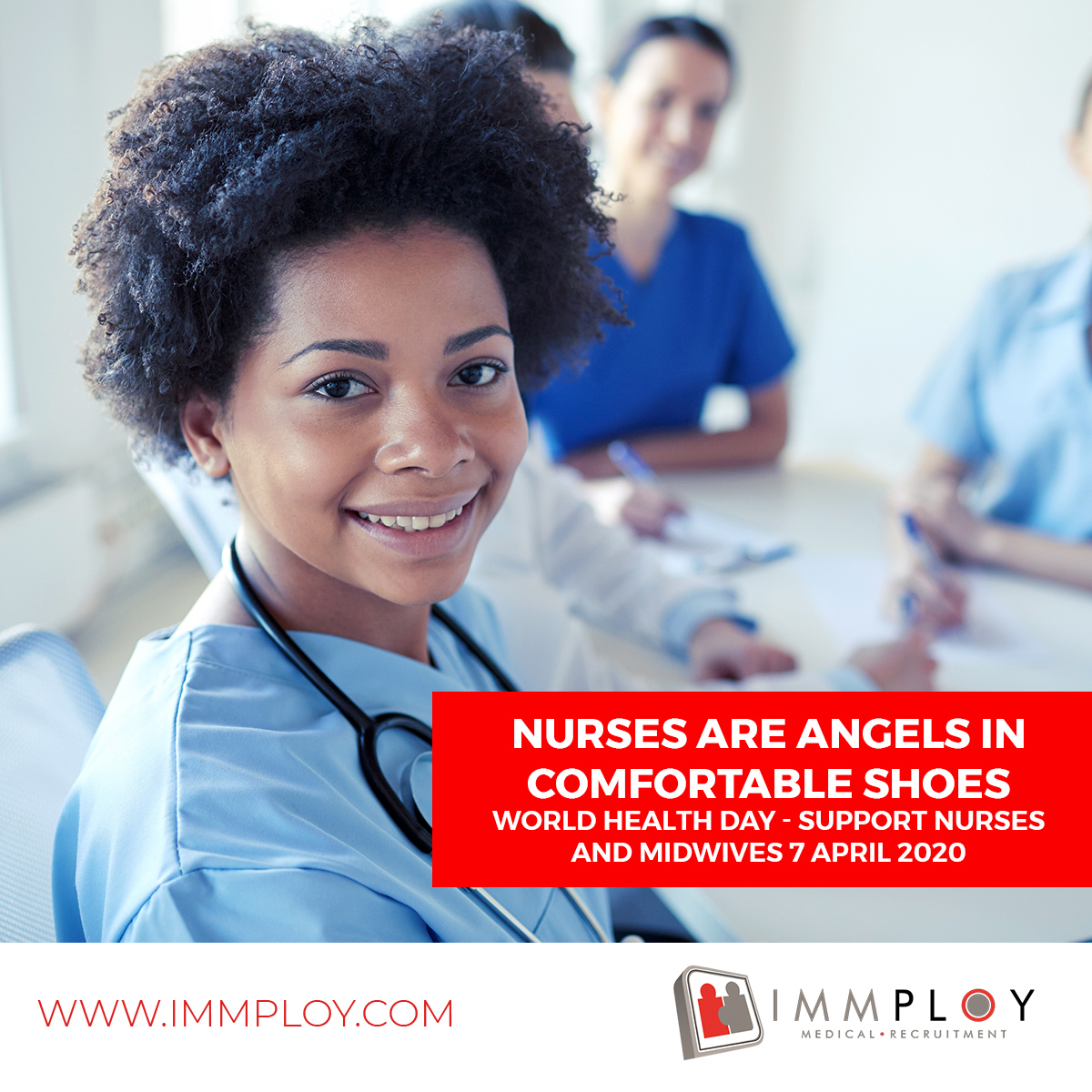 Immploy's tweet photo. "#WorldHealthDay is all about celebrating and shining a light on the vital role played by #nurses and #midwives in providing #healthcare around the world.

#ImmployMedicalRecruitment #medicalrecruitment
#nationalrecruitment #nursing #locums #permanentplacement" https://t.co/jyZtAj7t7e