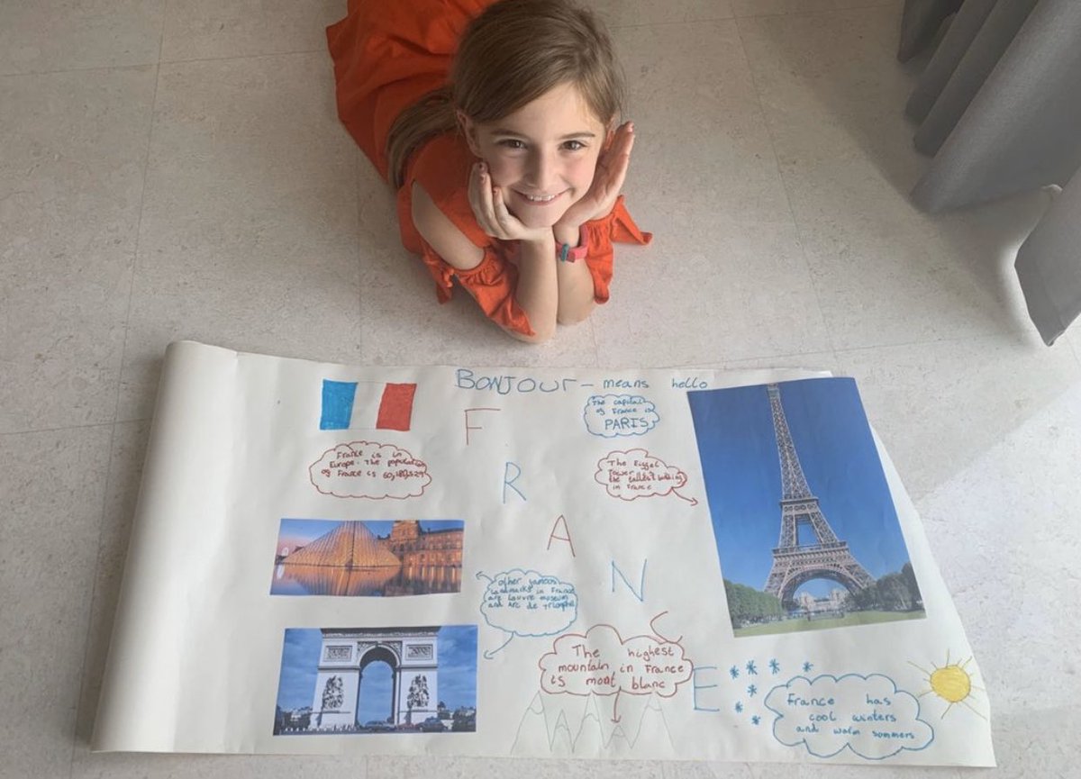 DBS_French's tweet photo. Week 3 of distance learning and @DBS_Year3 are having so much fun! This week we’ve been researching all about the country whose language we love learning so much! Did you know, mayonnaise came from France in 1756? Year 3 do 😀 #BeginsAtDbs @DubaiBritishSch #PrimaryFrench https://t.co/hhU6hfc7AJ