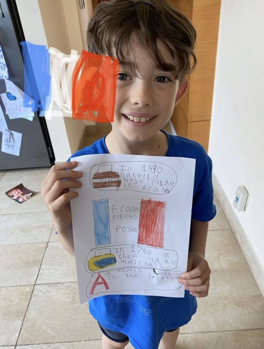 DBS_French's tweet photo. Week 3 of distance learning and @DBS_Year3 are having so much fun! This week we’ve been researching all about the country whose language we love learning so much! Did you know, mayonnaise came from France in 1756? Year 3 do 😀 #BeginsAtDbs @DubaiBritishSch #PrimaryFrench https://t.co/hhU6hfc7AJ