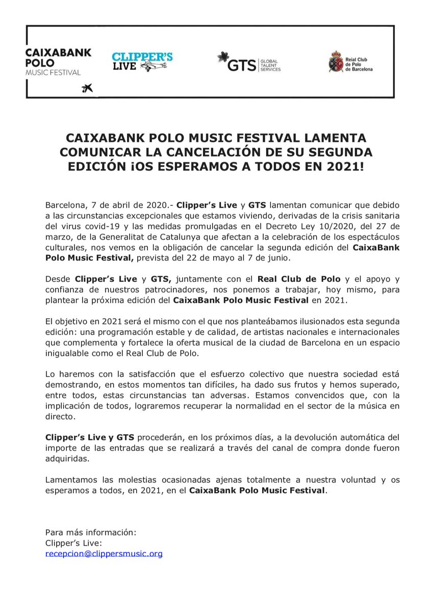 PoloMusicFest's tweet photo. 🔴 ¡ATENCIÓN! Comunicado importante:
⠀⠀⠀⠀⠀⠀⠀⠀⠀
CaixaBank Polo Music Festival lamenta comunicar la cancelación de su segunda edición ¡Os esperamos a todos en 2021! https://t.co/4oC8z0AxjR