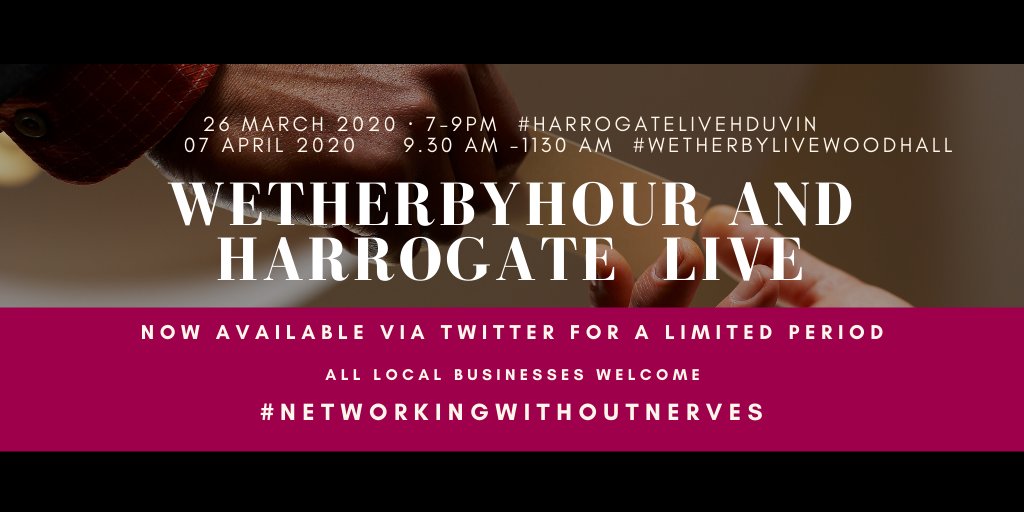 Don't forget it's our WetherbyHourLive event, on Twitter, 9.30 - 1130 am today.  Use the hashtag #WetherbyLiveWoodHall and add #networkingwithoutnerves to show that Yorkshire will continue to network and grow our businesses no matter what.  Details here: ow.ly/JINu50yQJQZ