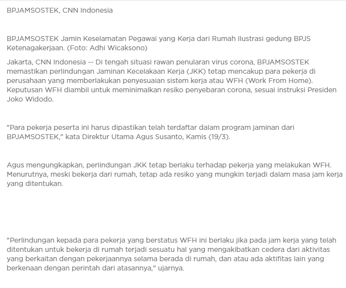 _novelia's tweet photo. Di kutip dari laman BPJAMSOSTEK- Demi menjamin kesehatan dan keselamatan pekerja BPJAMSOSTEK memberlakukan WFH (Work From Home). Jaminan kesehatan dan keselamatan pekerja yang bekerja dari rumah diberlakukan oleh BPJAMSOSTEK. https://t.co/zamhjurDpx