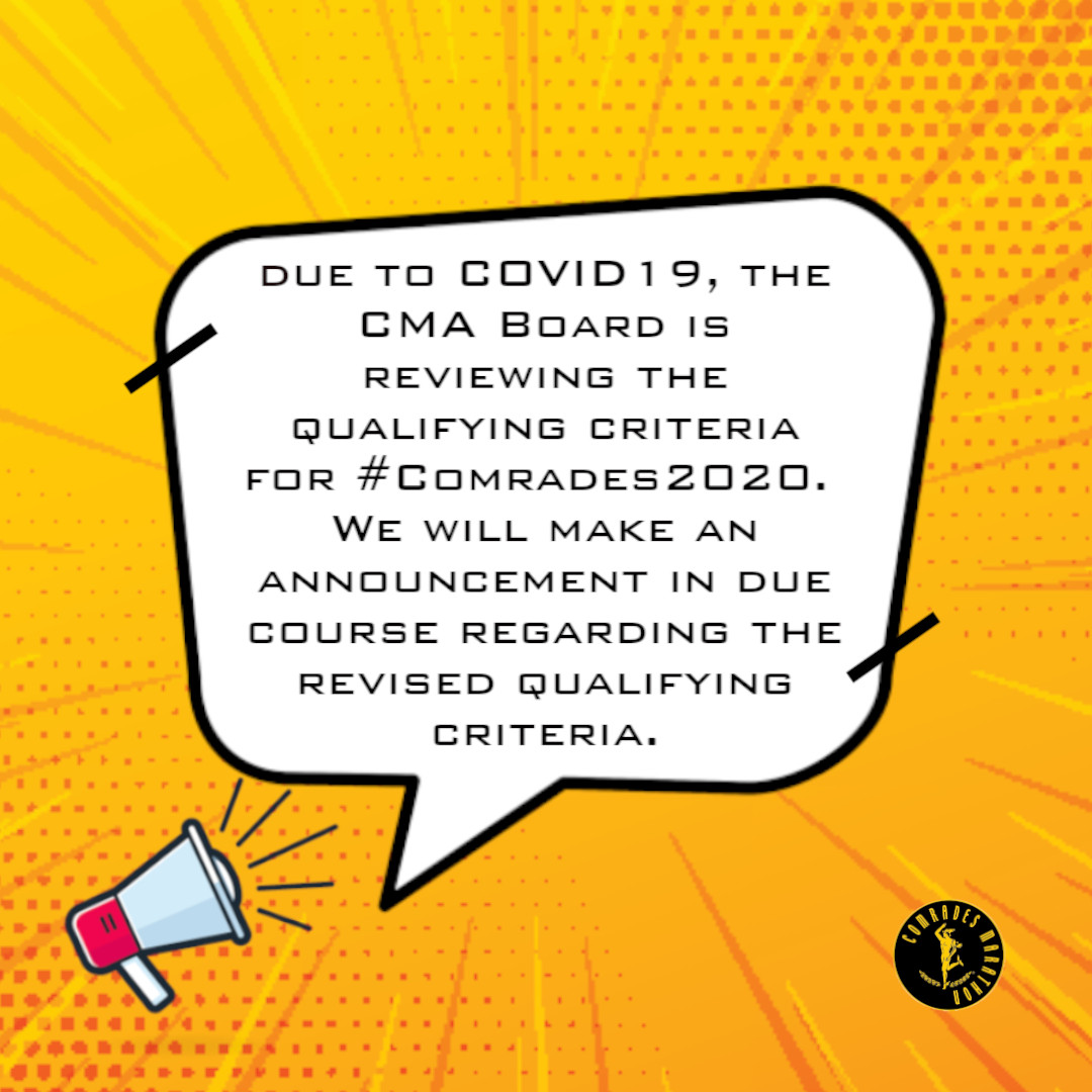 ComradesRace's tweet photo. Due to #COVID19, the CMA Board is reviewing the qualifying criteria for #Comrades2020.
#IphuphoLami #DareToDream #Comrades2020 #FlattenTheCurve #StayAtHome #BeSafe https://t.co/w8cRVtWpSz