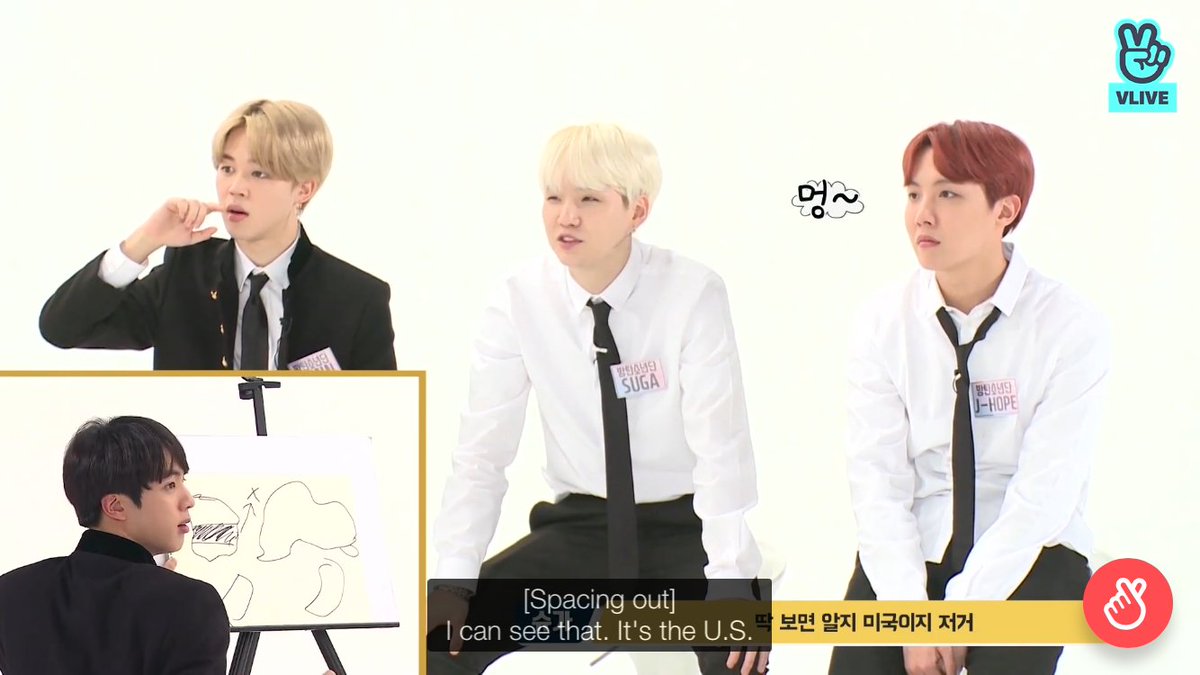 Or in Run episode 41, when Jin was making drawings to represent words for the rest of BTS to guess, and he gave this clue for "Americano"