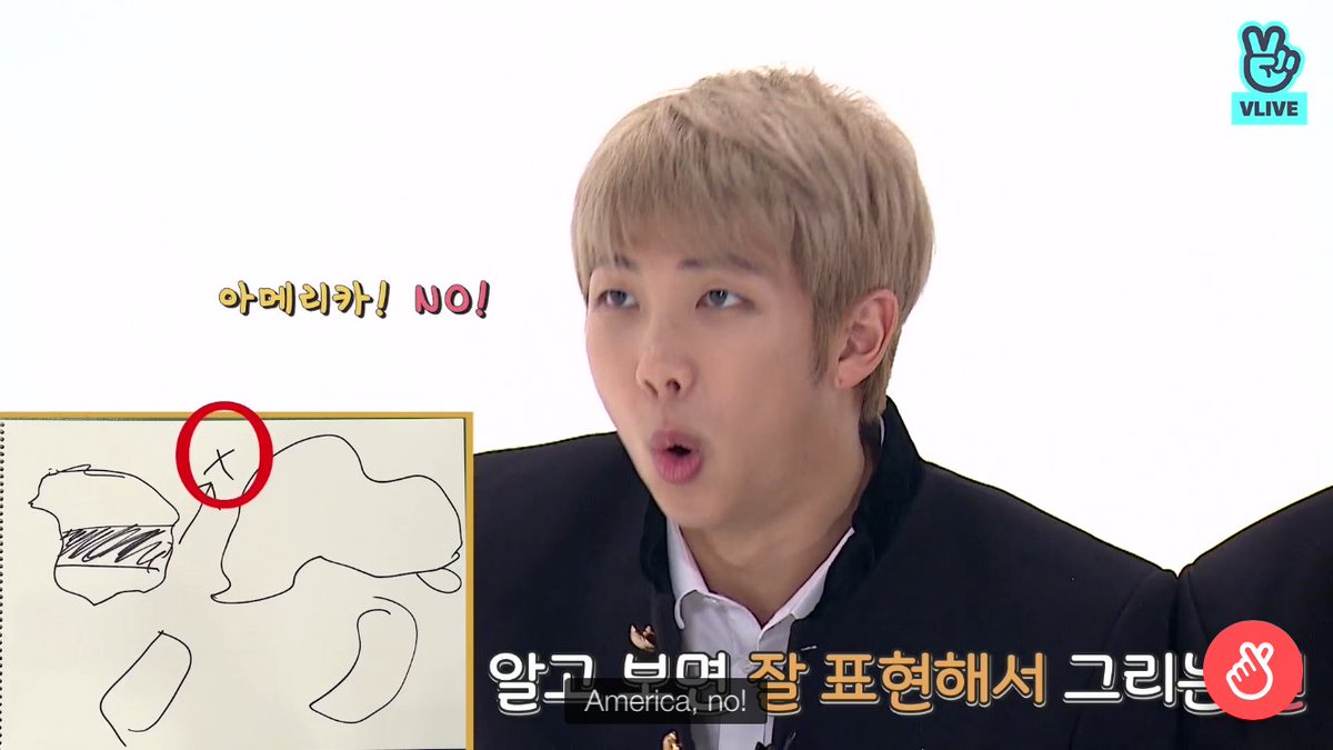 Or in Run episode 41, when Jin was making drawings to represent words for the rest of BTS to guess, and he gave this clue for "Americano"