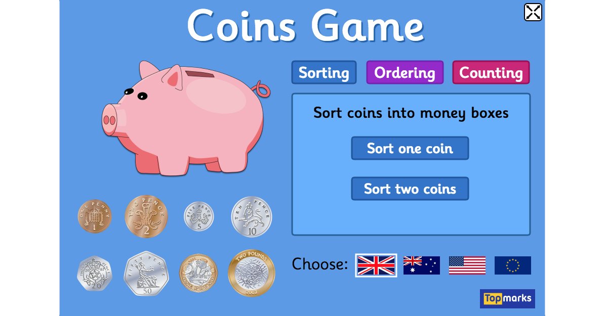 Topmarks on Twitter: "Try our free Coins Game for sorting, ordering and  counting money activities. For 4-10 year olds. GB, US, AUS and Euro  currencies. https://t.co/YmGtGzrlTl… https://t.co/uQpRHvF7L9"