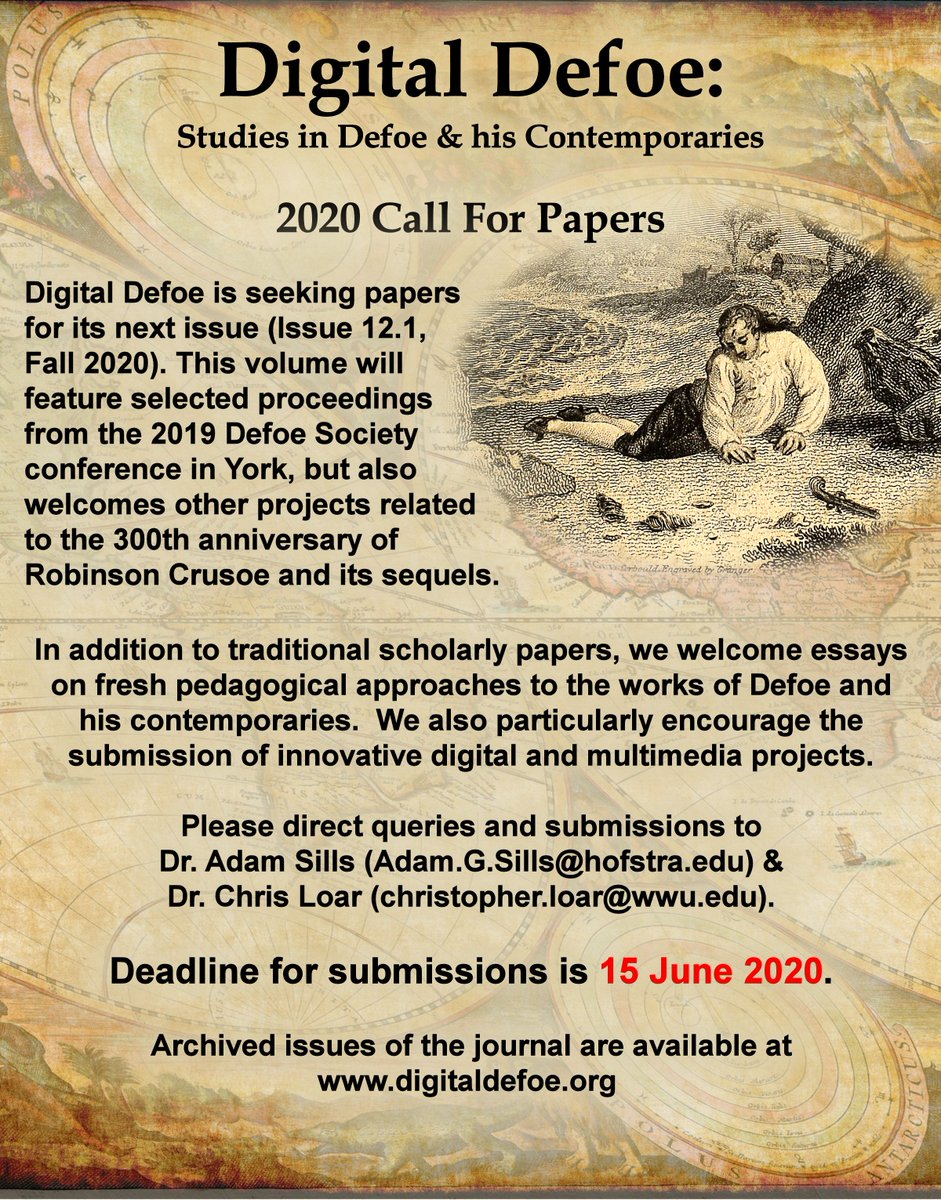 DigitalDefoe's tweet photo. Folks! We have a deadline extension in place for the #CFP for #Digitaldefoe. We welcome submissions on Defoe and/or any of his contemporaries. For full submission guidelines check out the website: https://t.co/OFcEn18Azb
Stay safe! #twitterstorians #DanielDefoe #litcrit https://t.co/ME0I1rE6IR