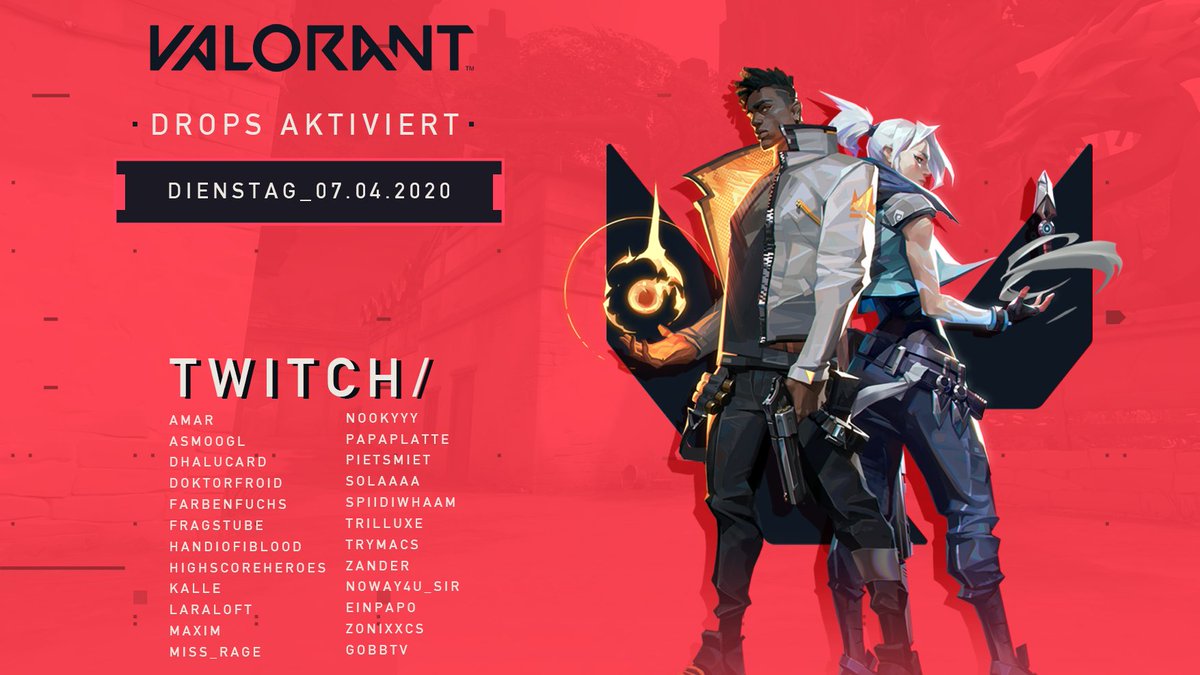 Auch heute könnt ihr wieder #VALORANT Betazugänge auf Twitch ergattern! Die Drops sind wieder auf den gleichen Kanälen aktiv wie am Freitag, achtet also auf das "Drops enabled" Symbol.