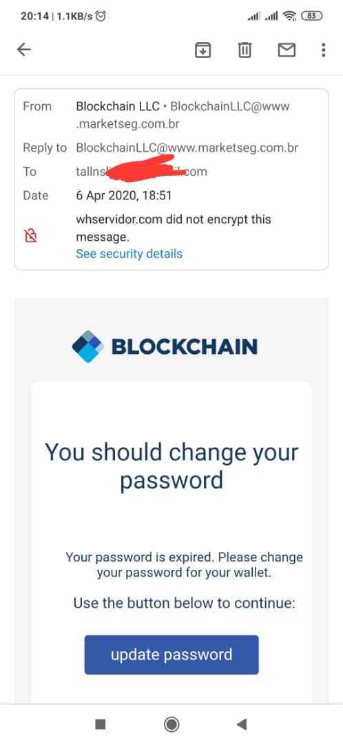 Look at an example(fake block chain link) that is in the wild on the Internet right now as detected by  @Tallnslim9ja  *Important Notice!*Do not click. Phishing attack!Some hackers have being sending mails to blockchain users to update their  #passwords.  #GetCybersmart