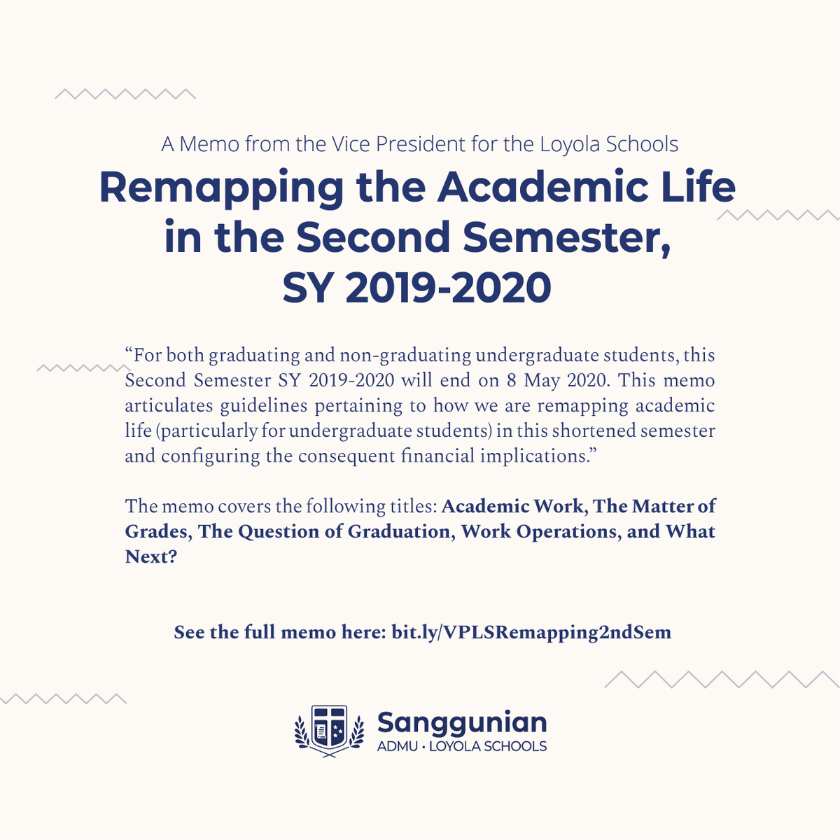 admusanggu's tweet photo. [READ] A Memo from the VPLS on Remapping the Academic Life in the Second Semester, SY 2019-2020

The memo covers: Academic Work, The Matter of Grades, The Question of Graduation, Work Operations, and What Next?

—

See the full memo here: https://t.co/OGpcU46TGI

#OurSanggu https://t.co/jtZK1WWzlG