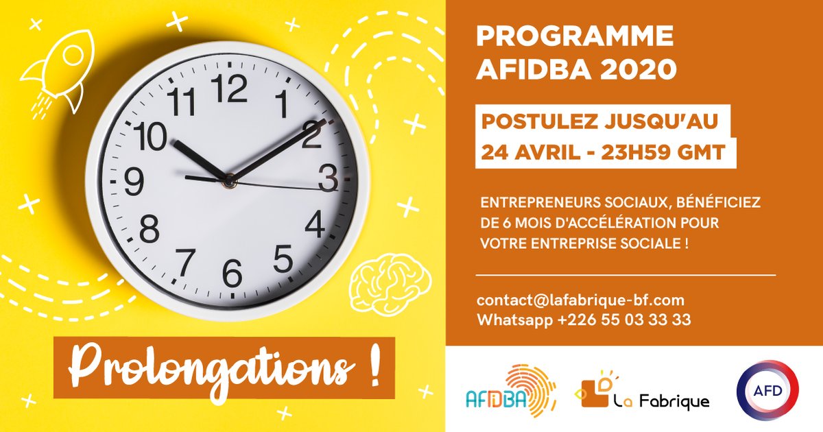 AFIDBA_BF's tweet photo. #AFIDBA2020 🤩
PROLONGATIONS pour l'appel à projets AFIDBA 2020 ! ⏰
Jusqu'au 24 AVRIL - 23H59 GMT pour envoyer votre candidature.
Toutes les informations en cliquant ici 👉 https://t.co/Jmx7jQ7cFI 
Ecrivez-nous : contact@lafabrique.com
Whatsapp +226 55 03 33 33 https://t.co/IwbJqwVqDf