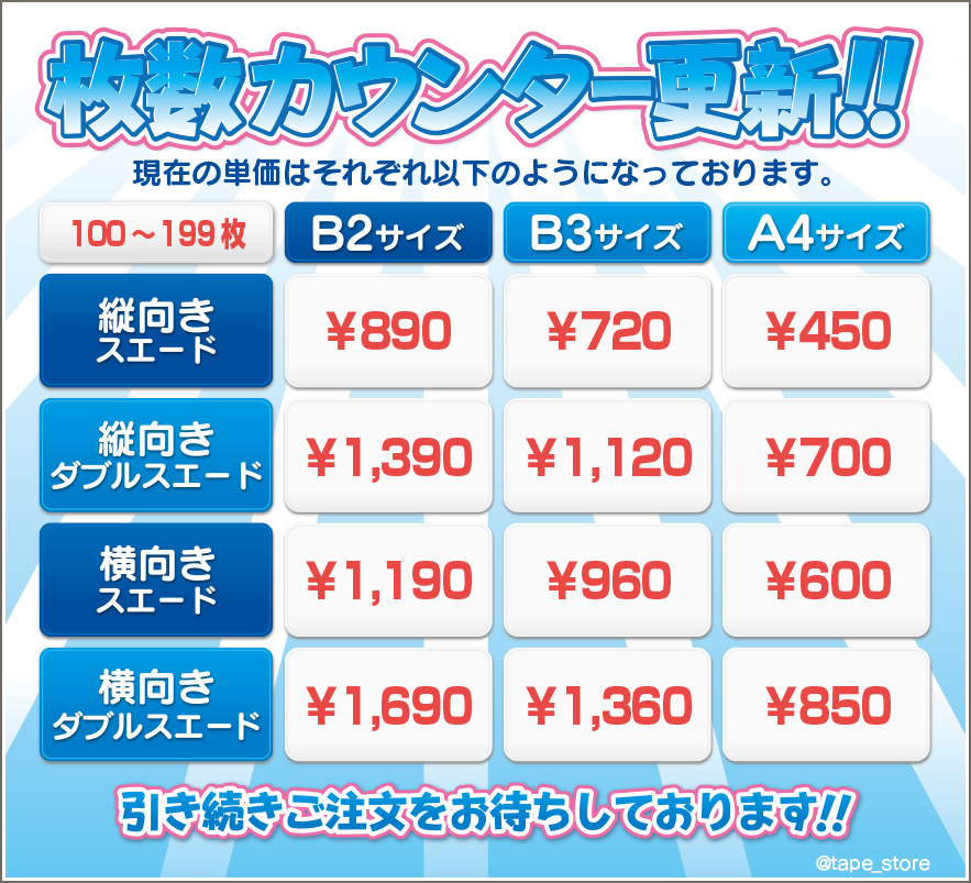 タペすとあ 枚数カウンター更新のお知らせ 現在のタペストリーご注文枚数は109枚 現在の商品単価は画像の通りとなっております ご注文締切は明日の4月8日 朝10時 まで受け付けております 引き続き皆様のご注文をお待ちしております