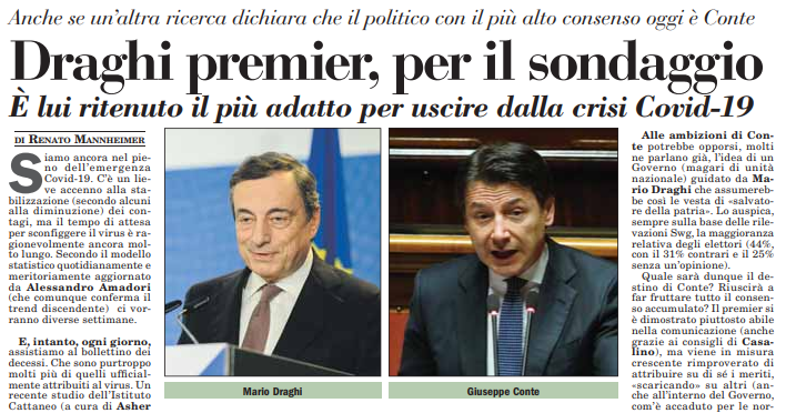 La prospettiva della recessione dopo l'emergenza sanitaria. La "fase 2" con al centro questioni socio-economiche. E l'idea di un Governo guidato da Mario Draghi #MarioDraghi
il sondaggio di <a href="/swg_research/">SWG</a>