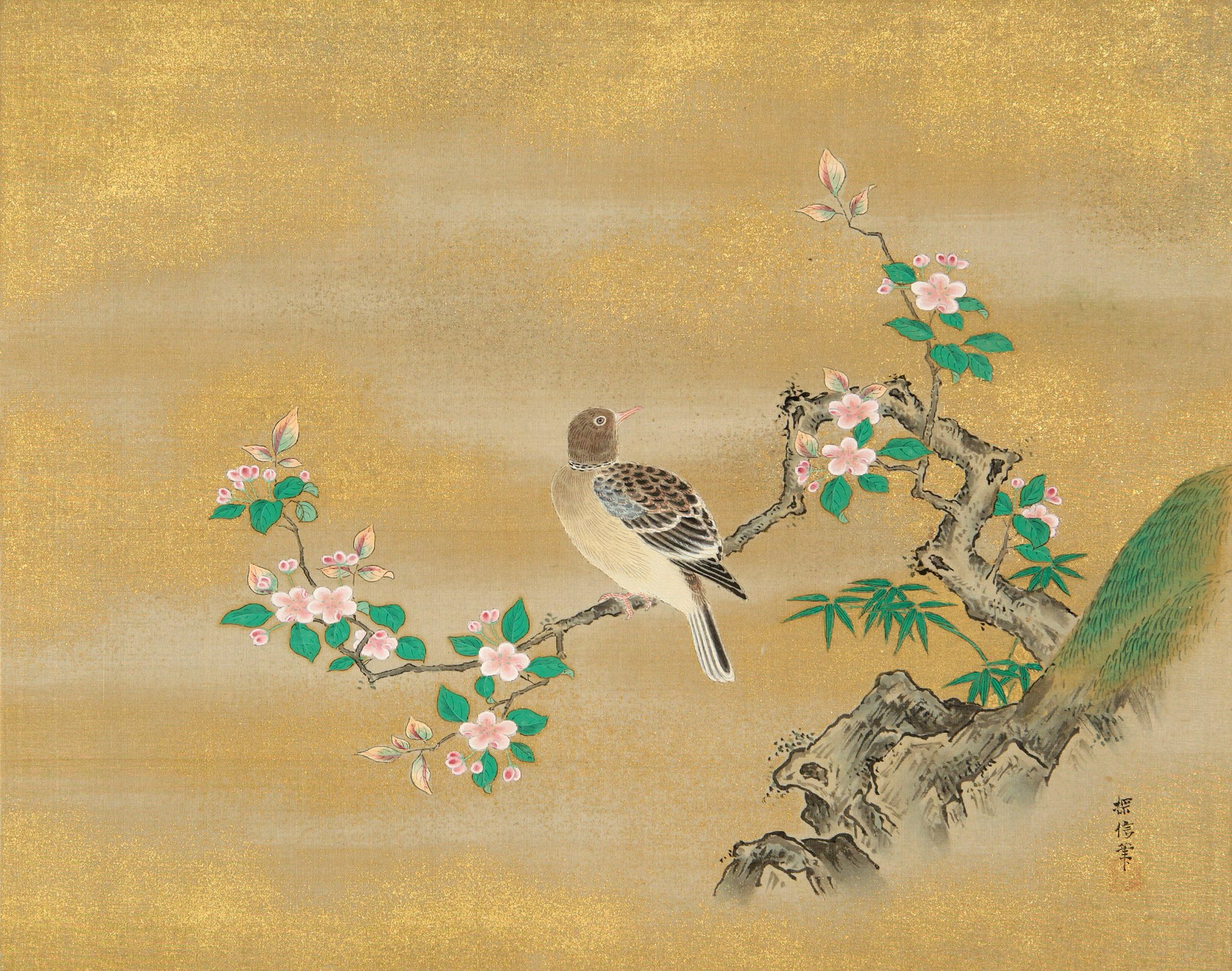 真作/松歳/八幡鳩図/松に鳩図/鳥図/八幡神社/八幡神使/名家伝来/AE-97 松村景文 枝垂桜双鳩図 - 日本の動物画‐いきもののかたち‐ 江戸