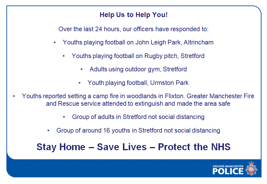 GMPTrafford's tweet photo. โก๏ธ Help Us to Help You!
A small majority of people ignoring Government advice & taking up valuable resources that are needed elsewhere!
Many thanks to @manchesterfire for assistance ๐
#StayHomeSaveLives #NotJustKids https://t.co/P3JELKieny