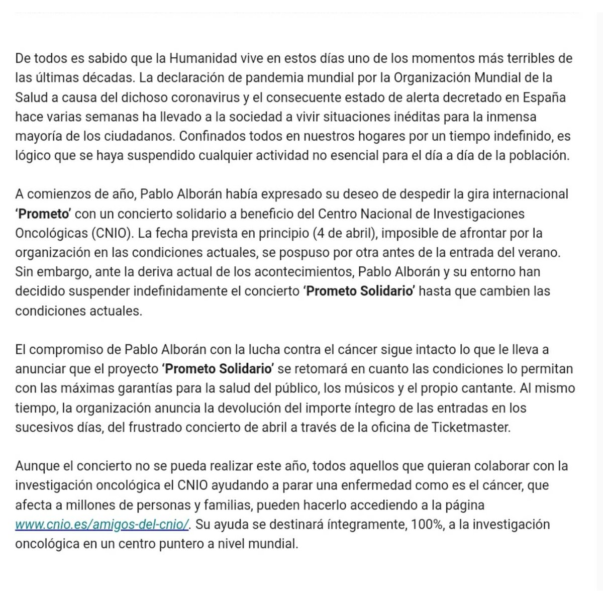 ⚠️COMUNICADO OFICIAL⚠️
Lamentamos comunicar que queda suspendido indefinidamente el concierto #PrometoSolidario de <a href="/pabloalboran/">Pablo Alborán</a> a beneficio de la lucha contra el cáncer (@CNIO_Cancer), previsto para el 1 de junio en @WiZinkCenter de Madrid, debido a la pandémia del Covid-19 (+)