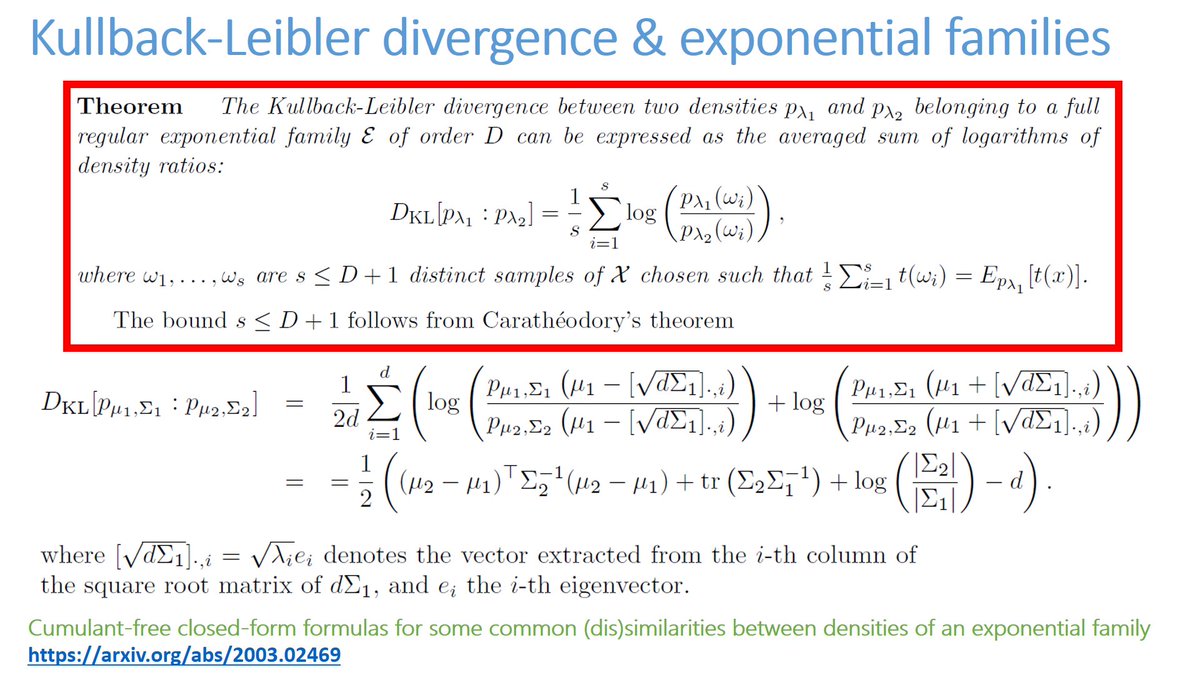 FrnkNlsn's tweet photo. New method to calculate and express the Kullback-Leibler divergence between densities of an exponential family (normals, gamma, etc.) by expressing the KL as an averaged sum of log density ratio. Bypass integral calculations and use of Bregman generators https://t.co/Blx3eQlmlG https://t.co/M9aAnJwFNP