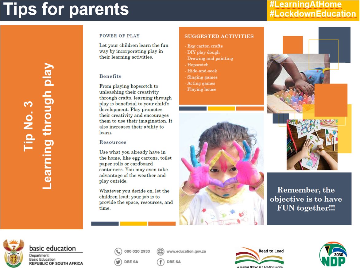 DBE_SA's tweet photo. #DBETipsForParents From playing hopscotch to unleashing their creativity through crafts, learning through play is beneficial to your child’s development. Use what you already have in the home or take advantage of the weather and play outside.
#Day12OfLockdown #Learningathome https://t.co/un2IFxbdM2