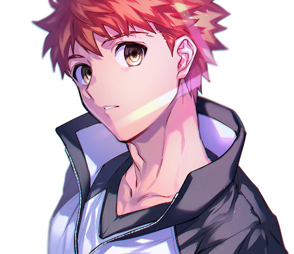 emiya shirou 1boy male focus solo jacket upper body white background simple background  illustration images