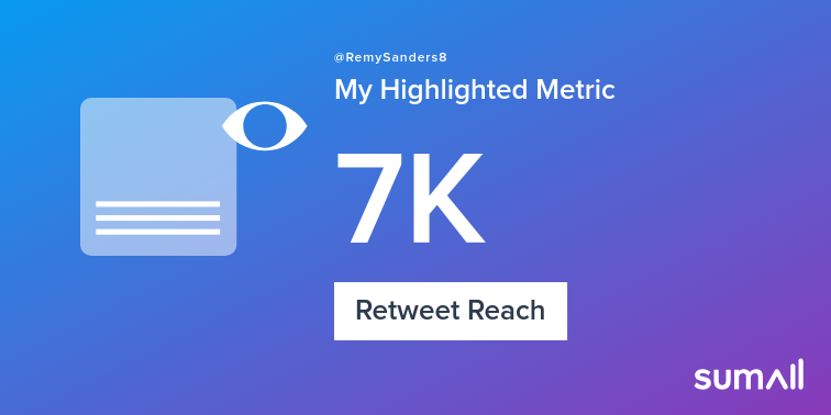 RemySanders8's tweet image. My week on Twitter 🎉: 3 Mentions, 392 Mention Reach, 108 Likes, 23 Retweets, 7K Retweet Reach. See yours with sumall.com/performancetwe…