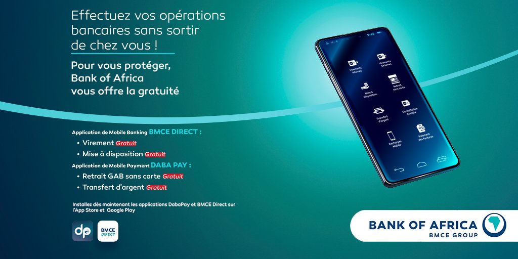 Bank_OfAfrica's tweet photo. Bank Of Africa vous offre la GRATUITE pour toutes vos opérations de transfert d'argent via l’application DabaPay et de virement et mise à disposition via l’application BMCE Direct
#Stayhome #COVID19 #BankOfAfrica #BMCEDIRECT #DABAPAY #MOBILEPAYMENT #MOBILEBANKING #Solidarité https://t.co/hZtJOAJZ42
