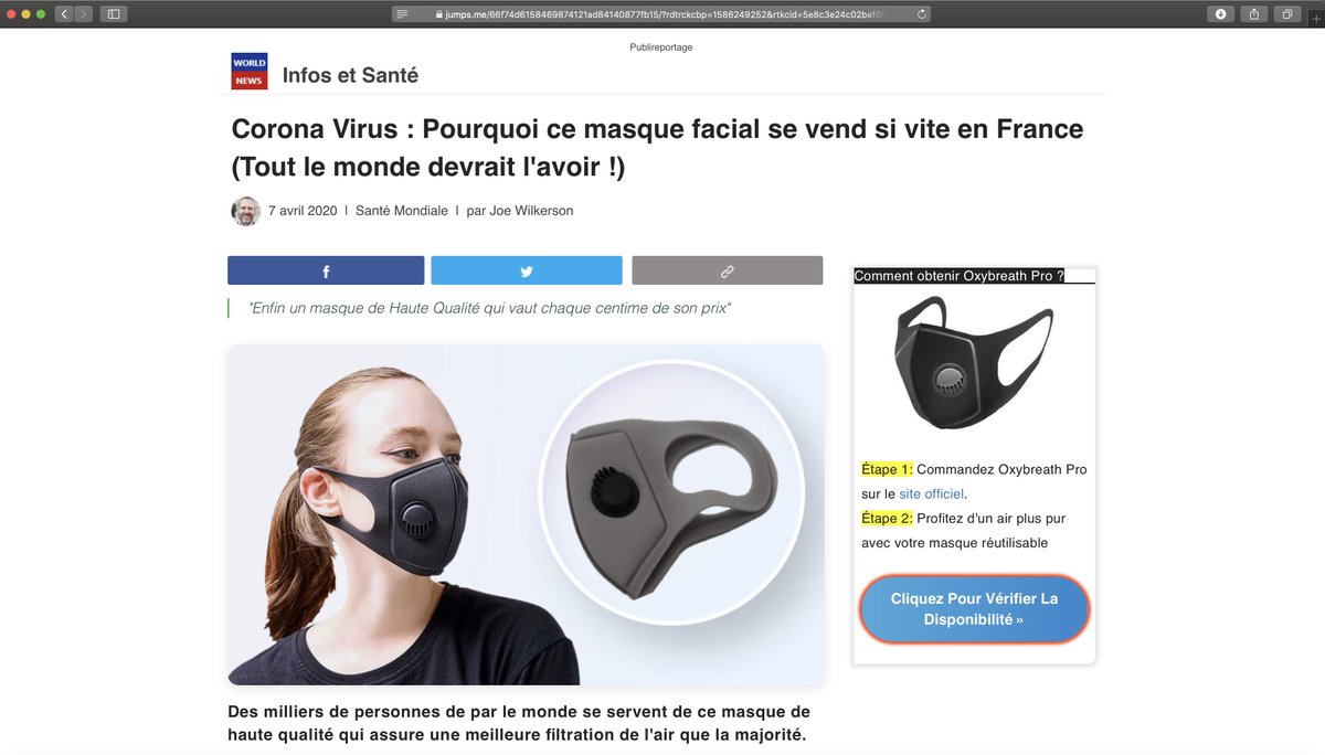 Few days ago, I received a tip. A lot of french websites are redirected to a site which is selling a mask:  http://jumps.me 