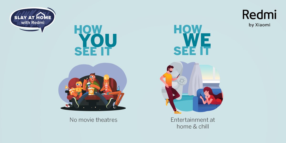 RedmiIndia's tweet image. Can't go out for movies? 
No worries! Sit back, relax and chill at home with #Redmi 

Say yes to full on entertainment in the comfort of your home! 

#21DaysOfPositivity #SlayAtHomeWithRedmi