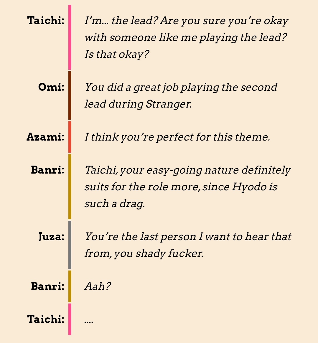 juban's bicker aside i love how all of them are trying to convince taichi he deserves the lead role 