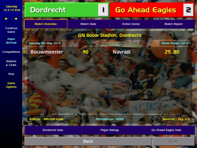 ...The Eagles produce a professional performance , dominating Dordrecht with a vociferous away support making it seem like a home game. The pride of the IJsselKowet run out 2-1 winners, securing the Eerste Divisie title and promotion! EAGGGLEEESSSSSS !!  #CM0102