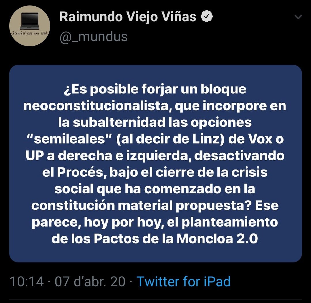 collonera's tweet photo. Aquest tuit fa olor de resclosit, olor de vell (viejo) lerrouxisme, olor de feixista disfressat de constitucionalista "democràtic", olor d'imperialista, olor de nacionalista ESPANYOL.

Penjo la còpia del tuit per si em bloqueja o l'esborra. https://t.co/DHV2ZfcGi9