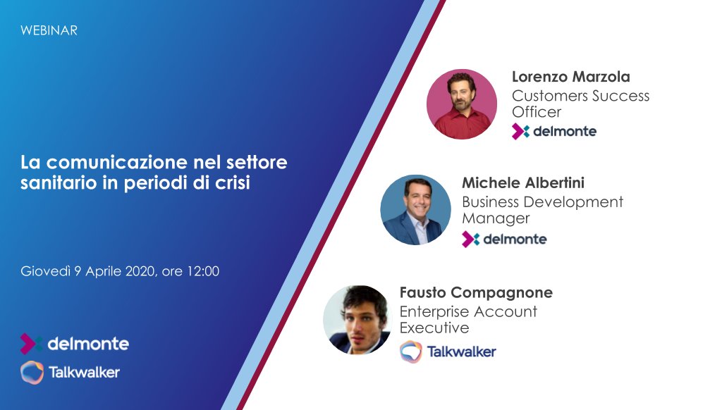 DelMontePartner's tweet image. Comunicare nel settore sanitario in tempo di crisi? Si può fare. Iscriviti al nostro webinar gratuito, organizzato con @Talkwalker , per scoprire gli ultimi dati aggiornati e le best practice a tua disposizione. Per info: hubs.ly/H0pdWb30
