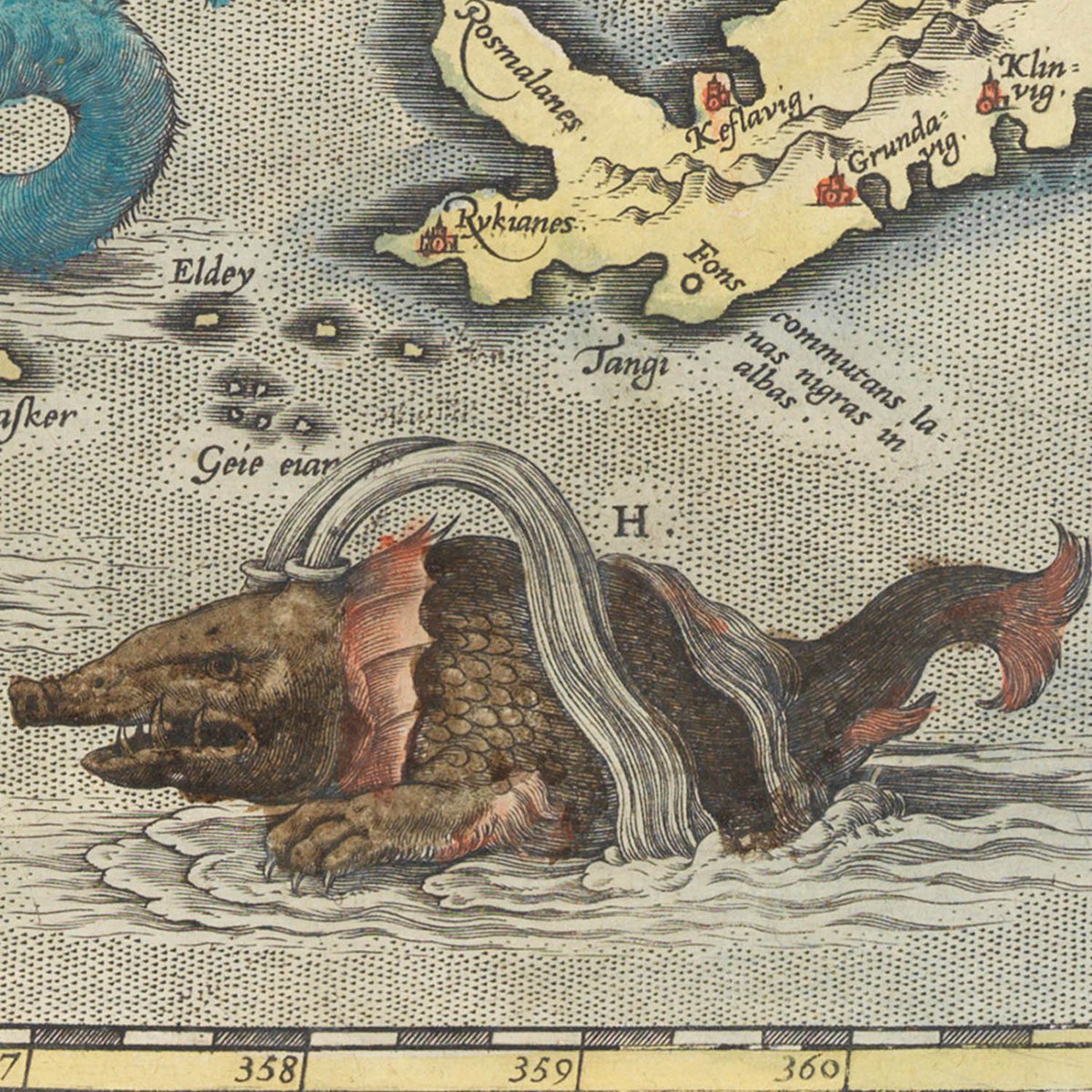 SEA MONSTER 8:The Whale. A big boy. It seldome sheweth itselfe; it is more like a little island, than a fish. It cannot follow or chase the smaller fishes, by reason of the huge greatnesse and weight of his body.